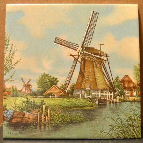 Dutch Windmill Ceramic Art Tile Plaque Home Décor ~6" x 6" - Picture 1 of 2